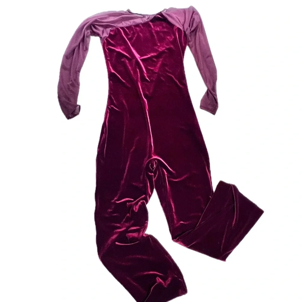 Cranberry velvet bodysuit one piece unitard leotard long sleeve pants jumpsuit - Picture 5 of 12